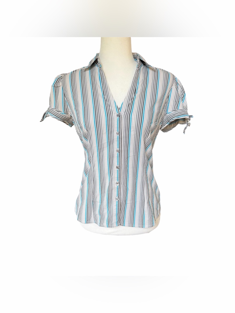 Y2K Express Striped Short Puff Sleeve Button-Down Shirt size Small